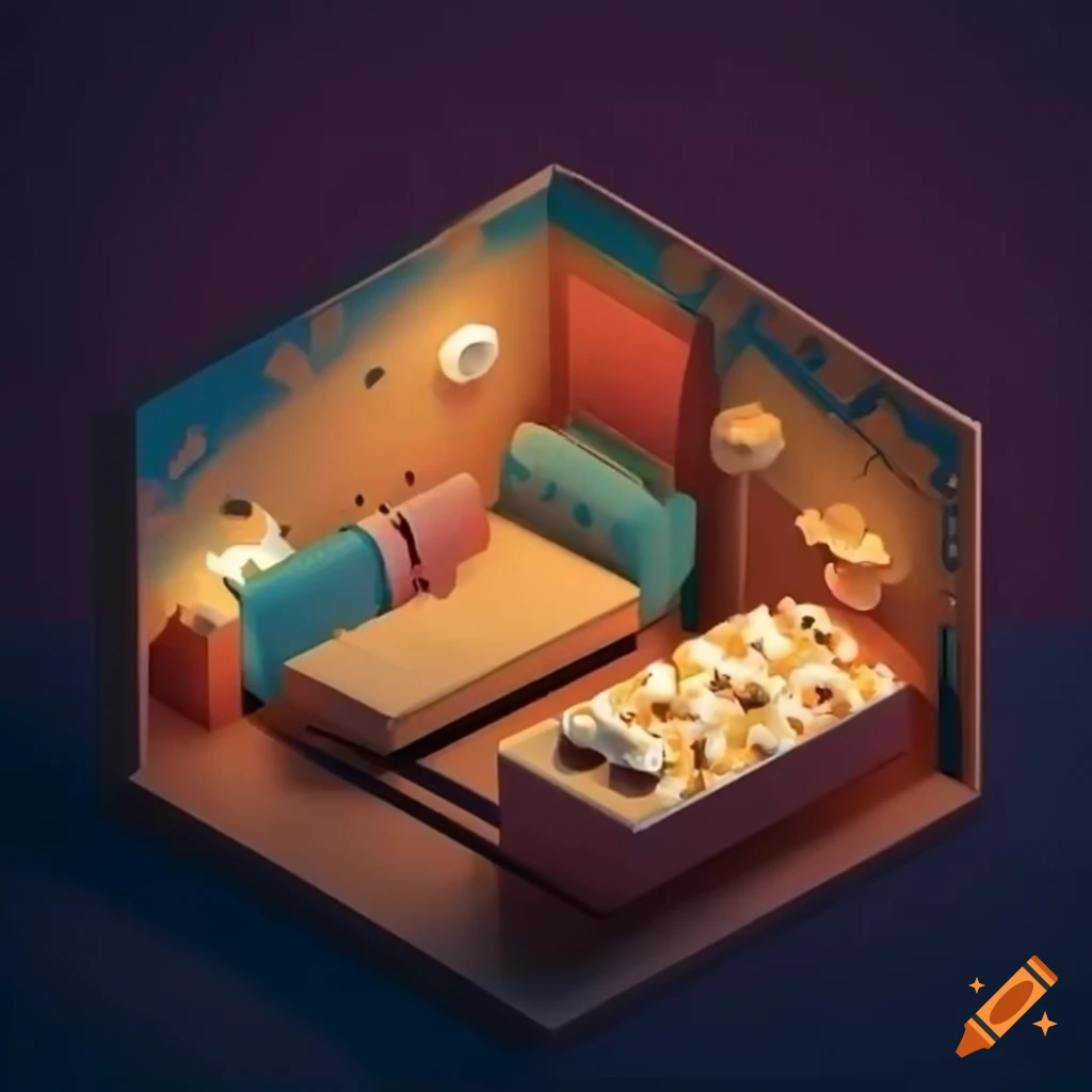 Isometric room filled with buttery popcorn