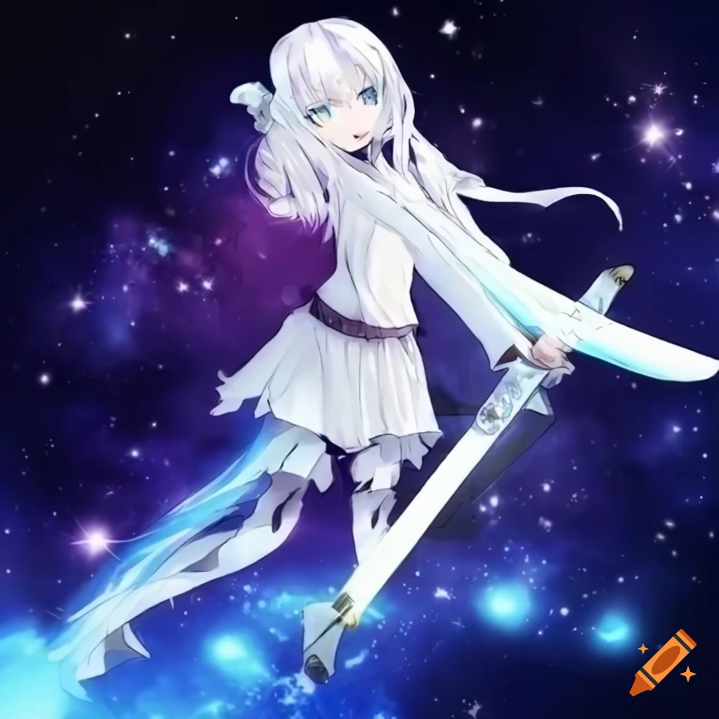 Anime character with white hair and sword in space on Craiyon