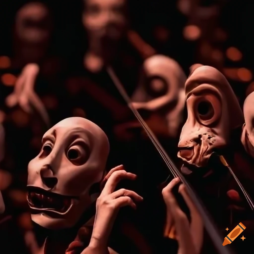 Exaggerated figures wearing masks in an intense orchestra performance ...