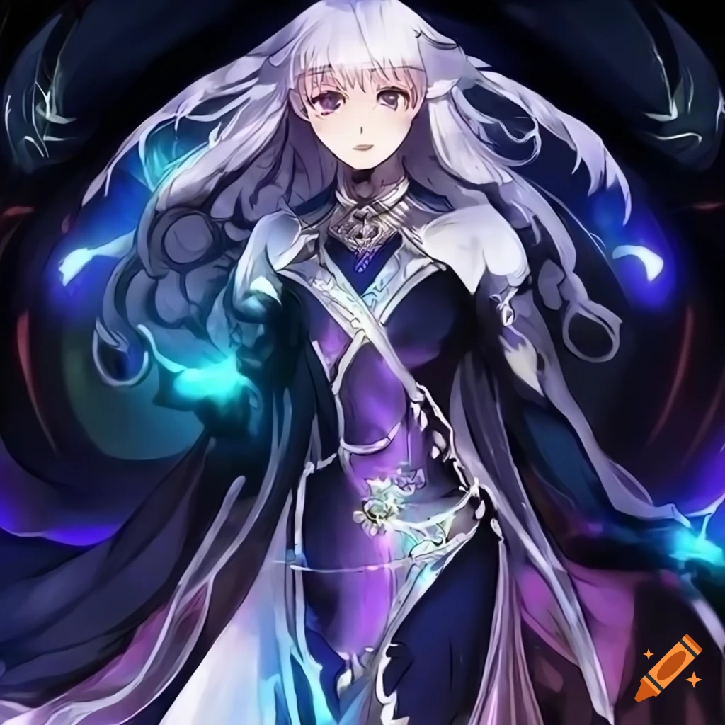 Anime female princess with purple hair in a mystical setting