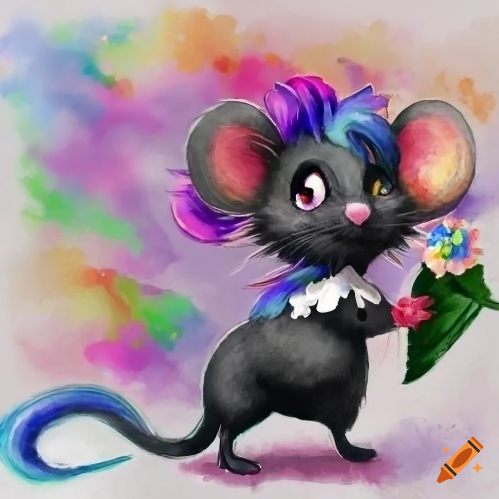 Cute anthro black mouse with rainbow hair in a white flower dress in watercolor style