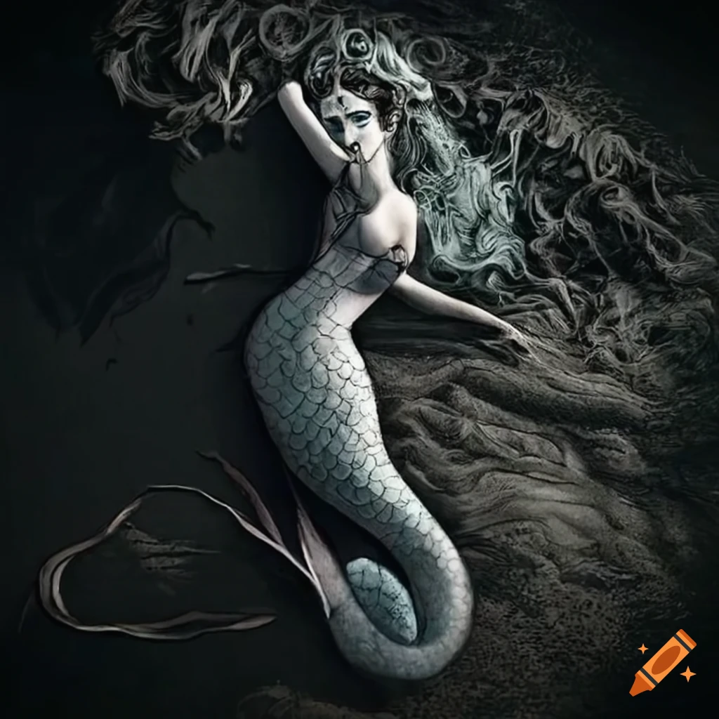Unconscious mermaid washed up on sandy shoreline in black and white