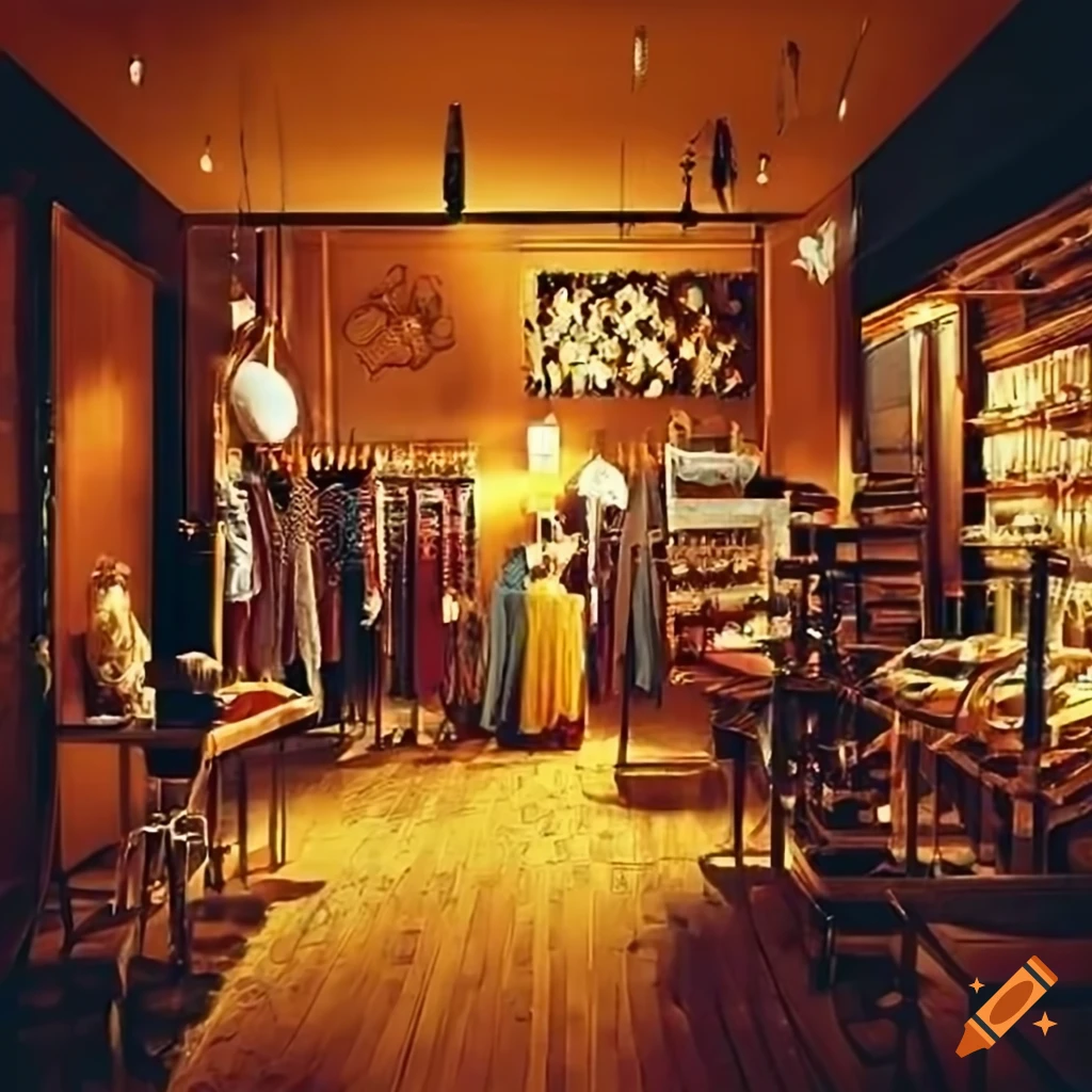 Artisan vendors and vintage clothing dealers in a funky store with warm