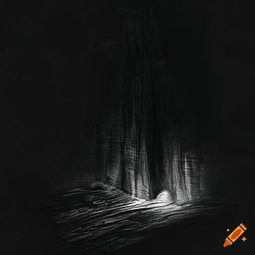 Light emanating from wooden planks next to a cottage in a charcoal drawing