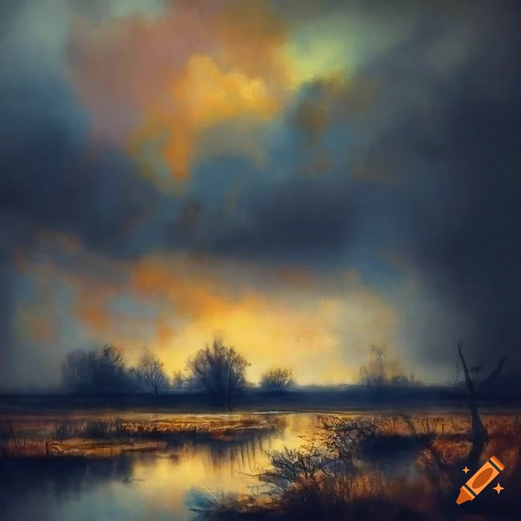 Sad natural-colored landscape with old broken trees in wild floodplains and marshes under a stormy sky
