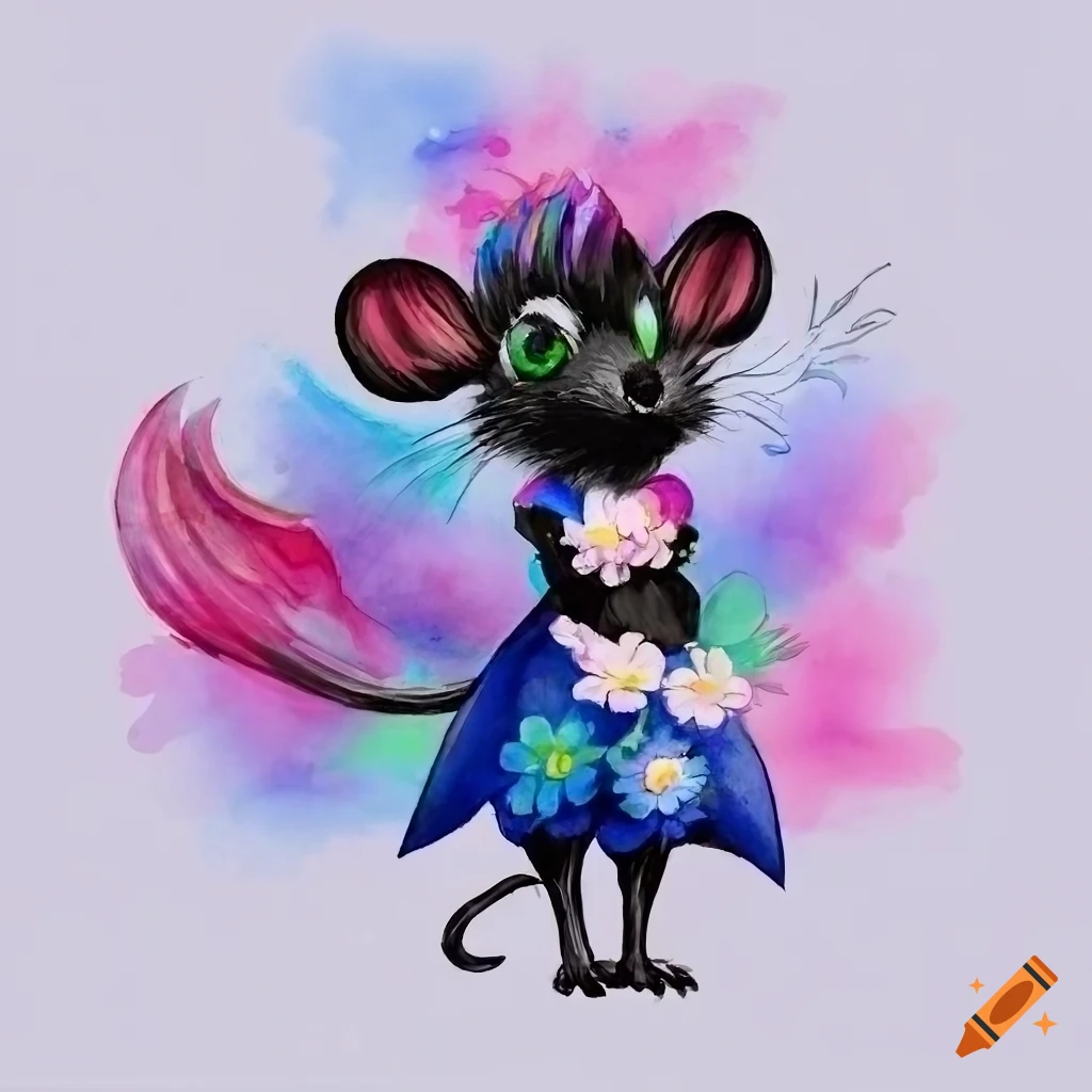 Cute anthro black mouse with rainbow hair in a white flower dress in watercolor style