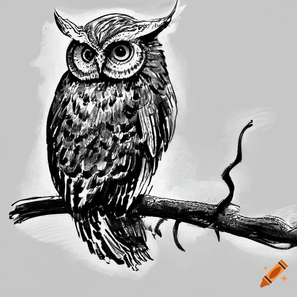 Black and white ink illustration of an owl