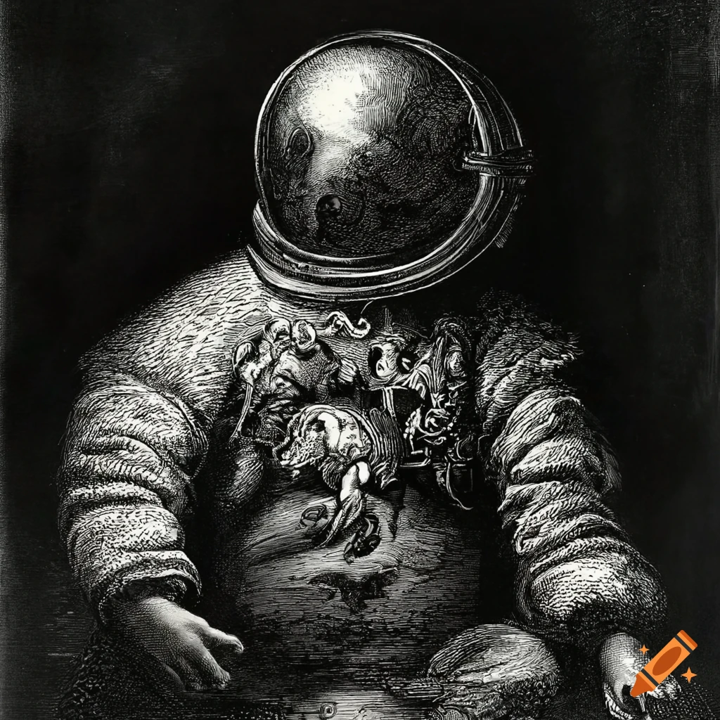 Astronaut in 1800s style black and white marine painting