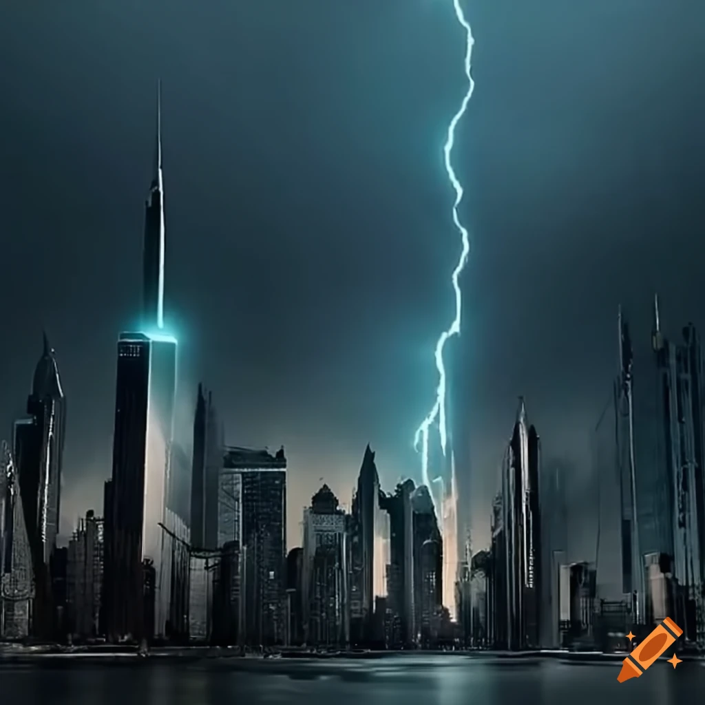 Beautiful cityscape with skyscrapers under dark rainy weather