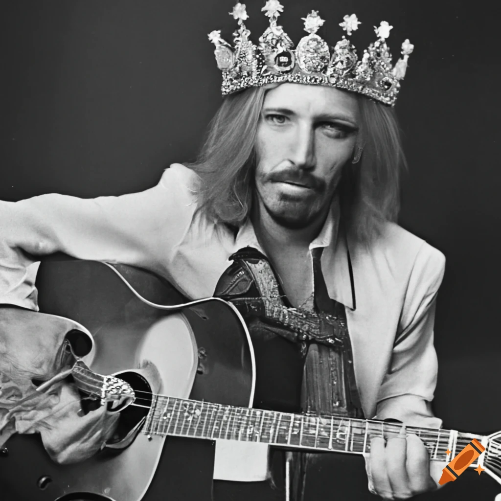 Young Tom Petty with a crown of guitar and cigarette-shaped jewels on  Craiyon, image size:1024x1024