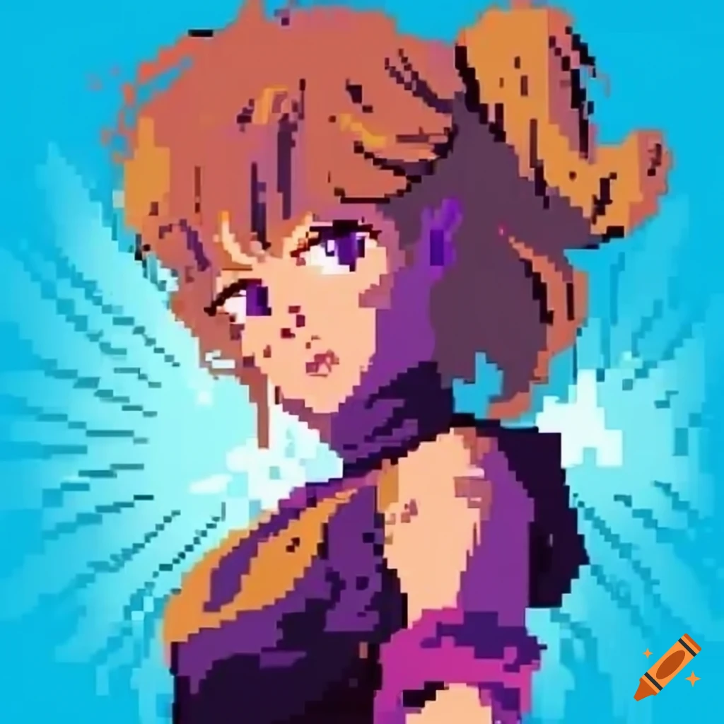 Pixel art portrait of anime girl with 80s anime style under fisheye camera