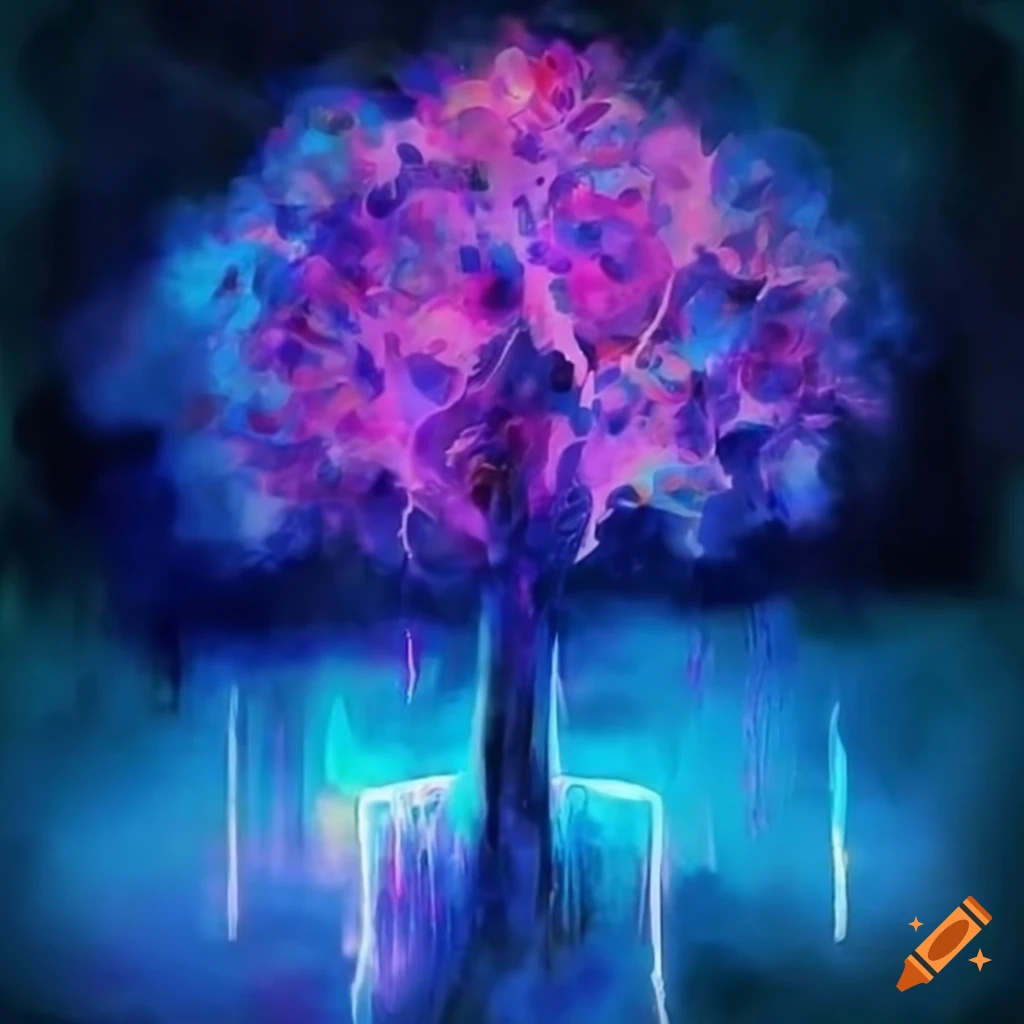 Neon tree with water and night lights on Craiyon