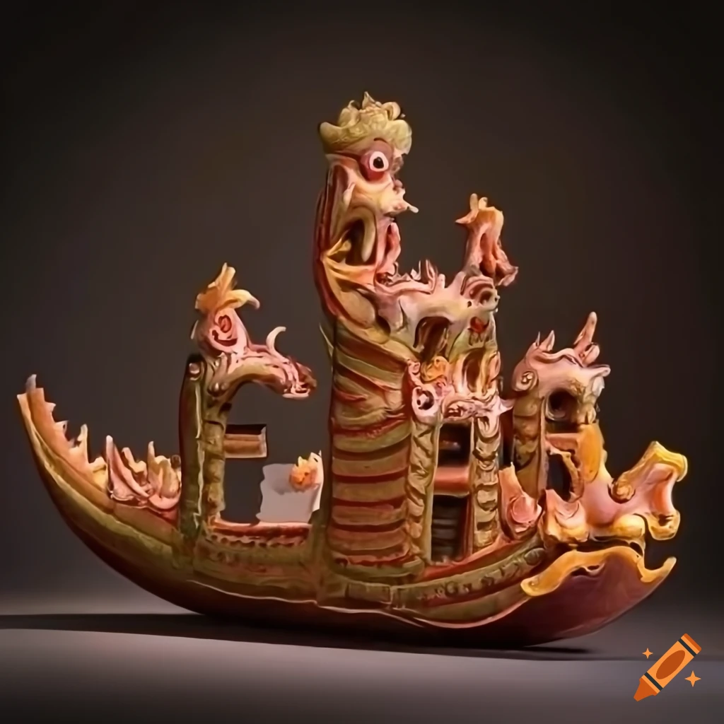 Chinese dragon boat sculpture representing culture and street food of Hong Kong and India