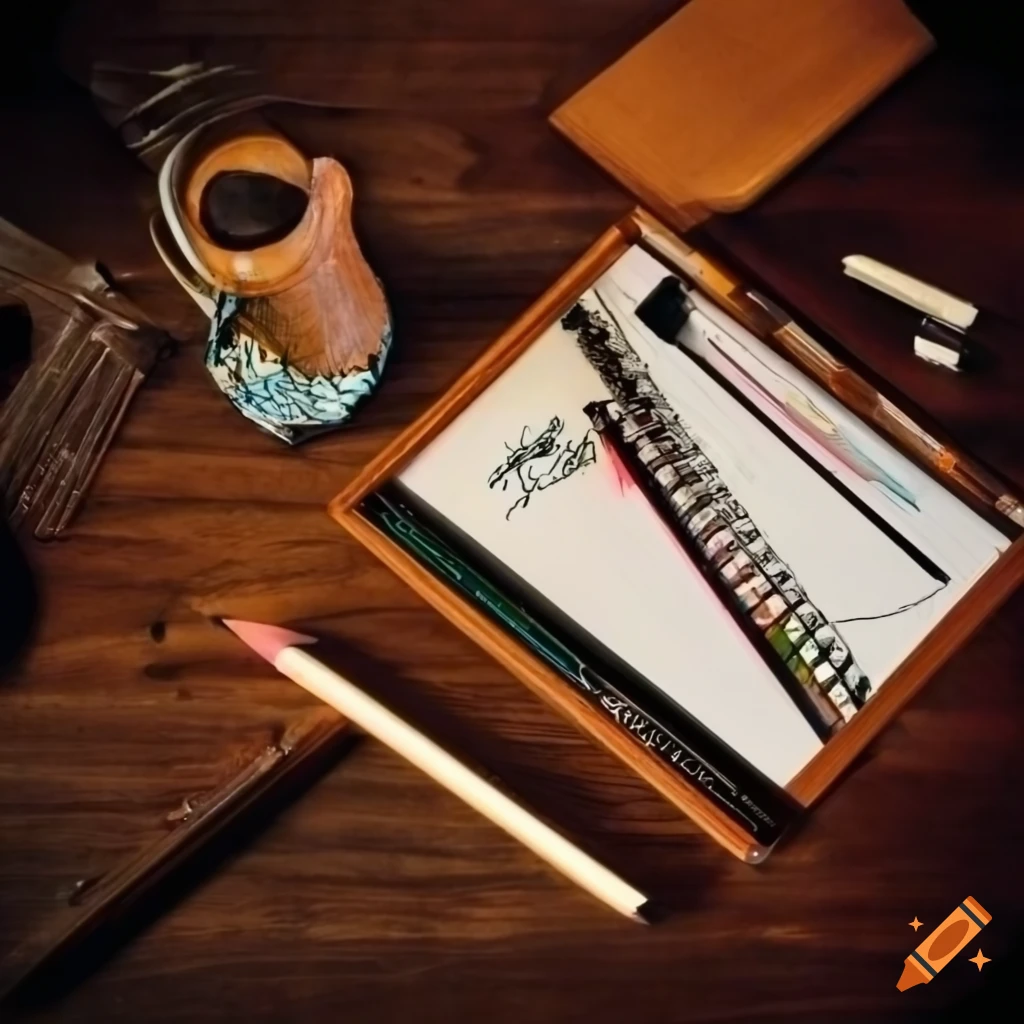 Creative artist's desk with neatly-aligned sketch pencils