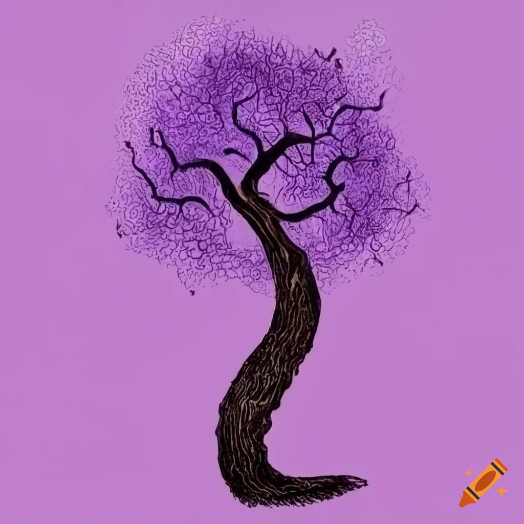 Tree of life illustration with female trunk in black and purple hues