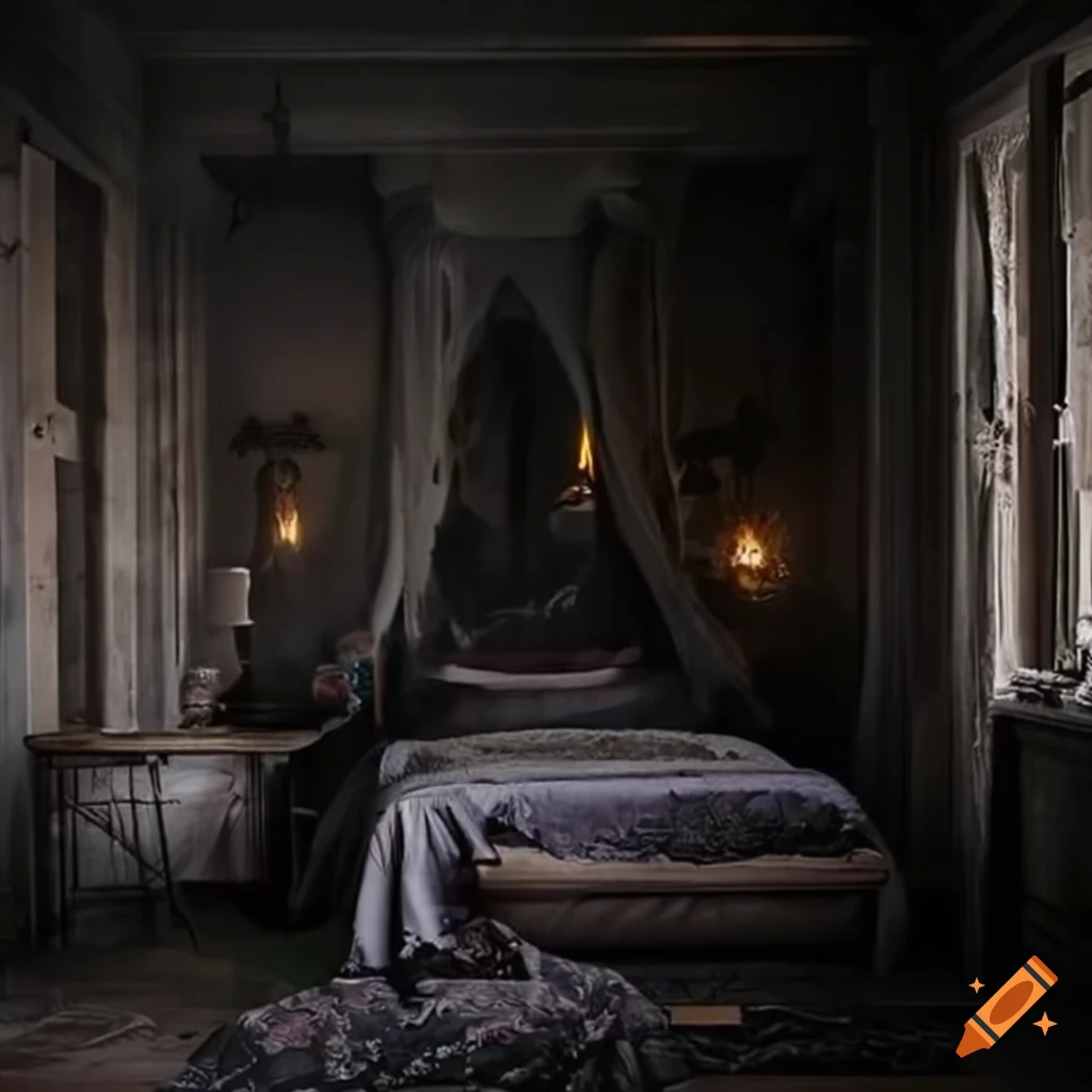 Dark castle bedroom with rain through the window on Craiyon, image size:1024x1024