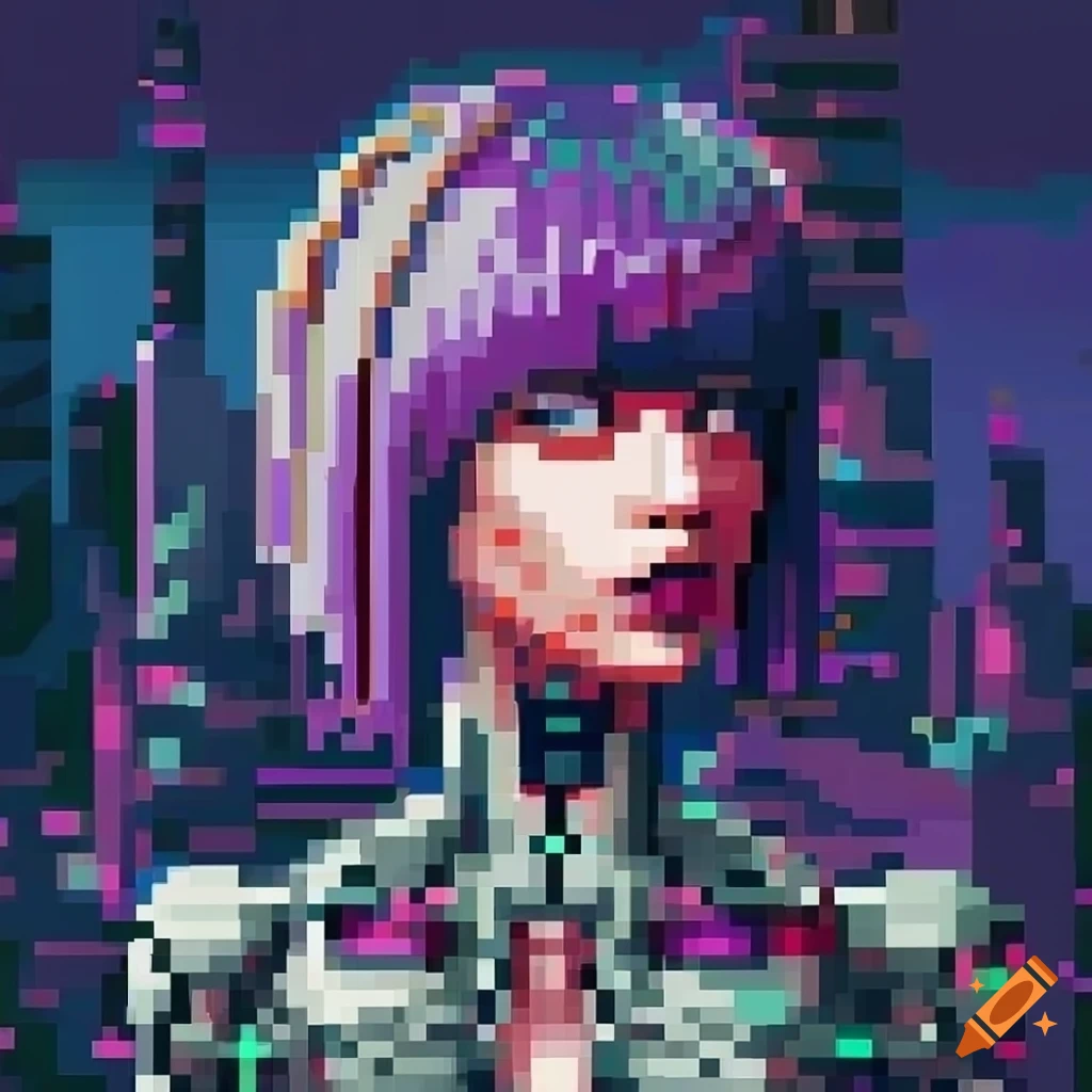 Pixelart portrait of a Russian android cyborg girl in a cyberpunk skyscraper