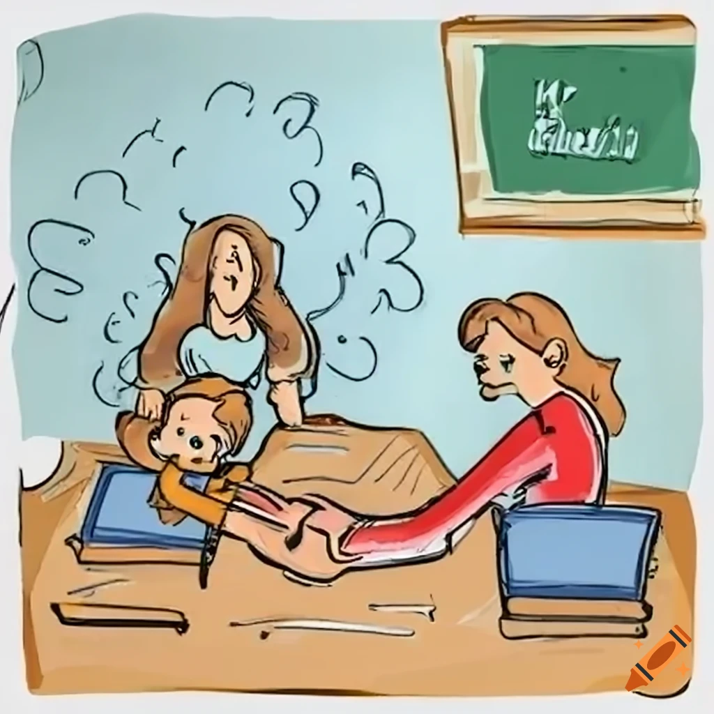 Cartoon of teacher, student, and parent holding hands in a classroom setting