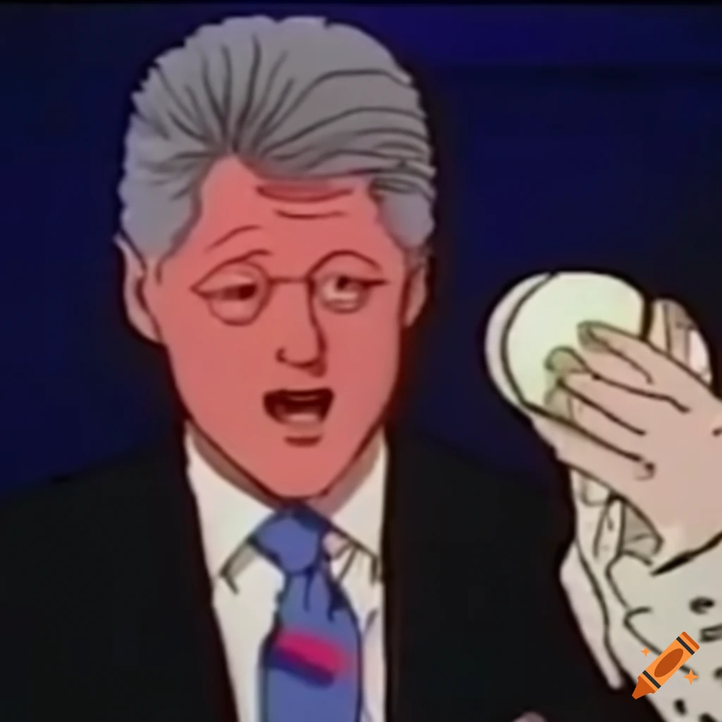 1990's anime scene of Bill Clinton enjoying a riceball