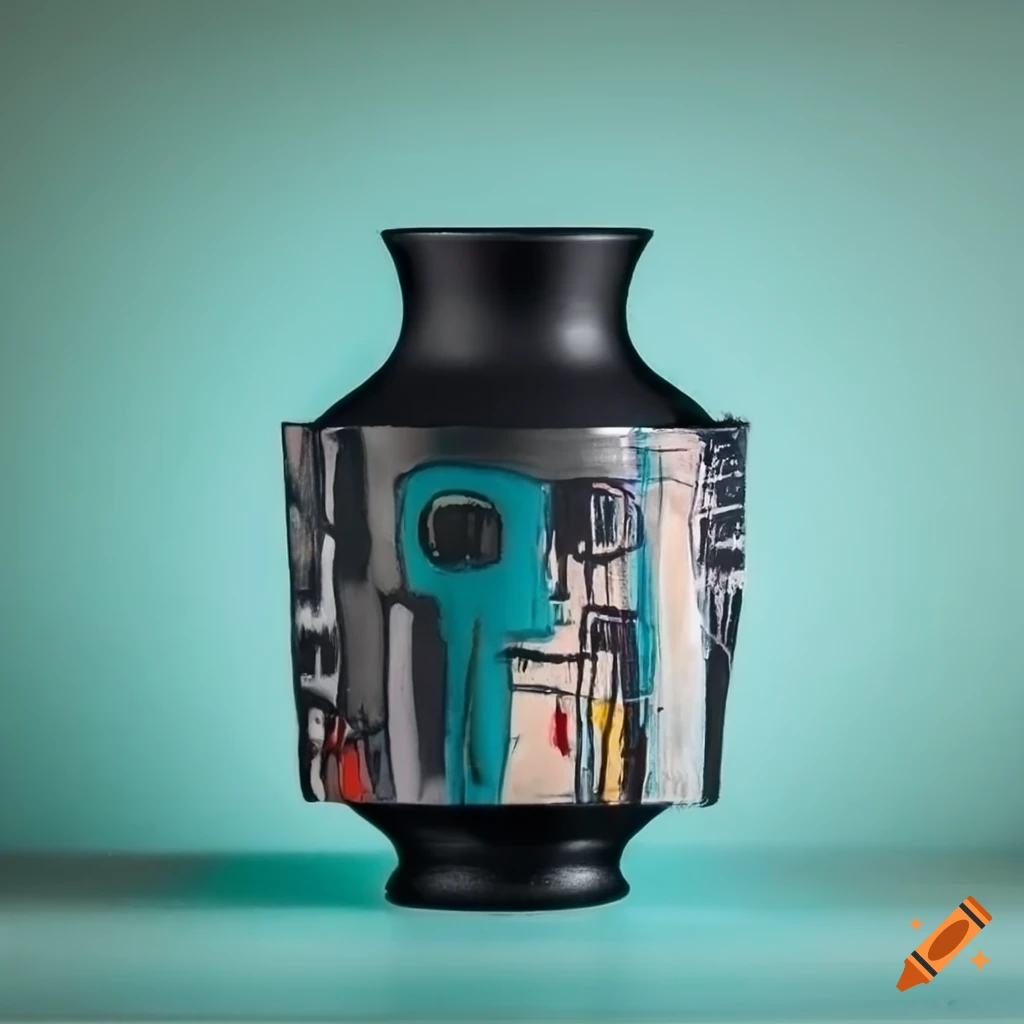 Abstract art vase with Basquiat and Japanese design influence in black, grey, and turquoise