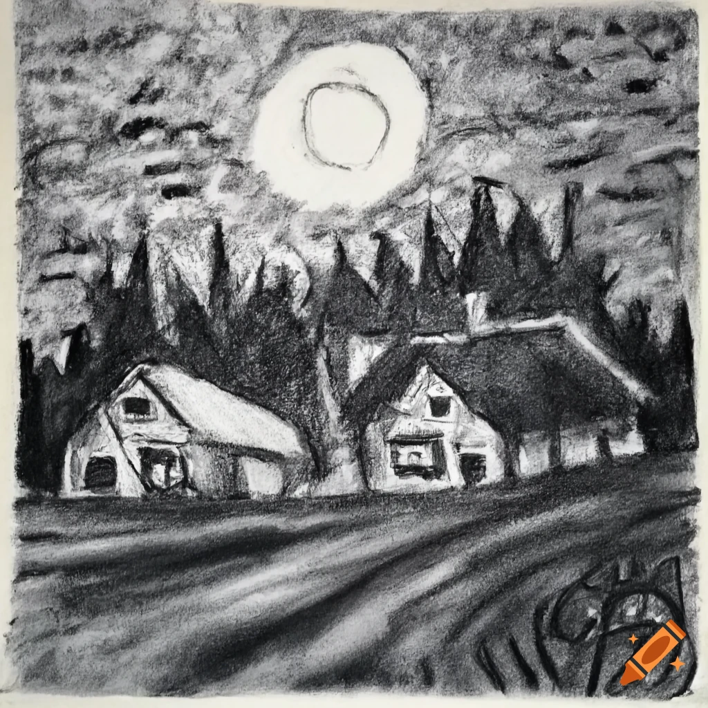 Cottage in a polish village at night in charcoal on Craiyon