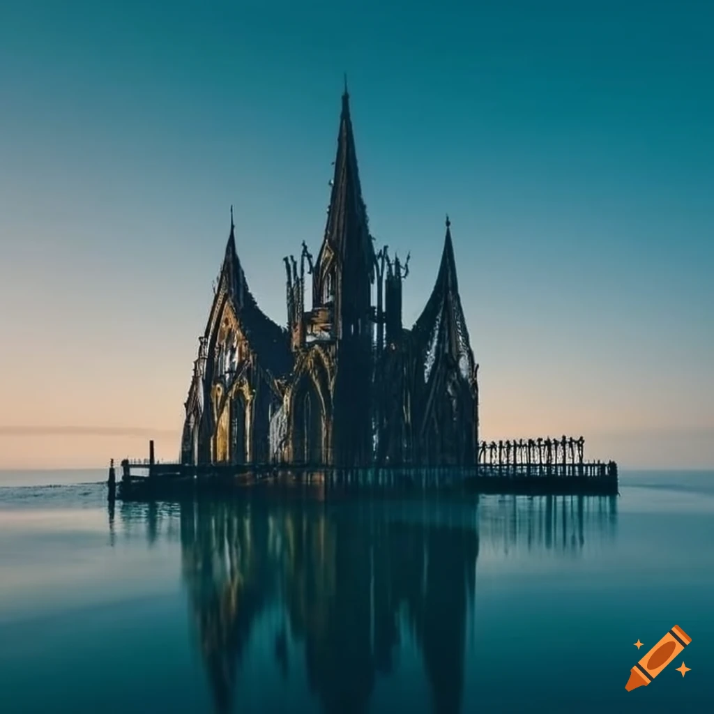 Small gothic cathedral made of wrought iron and stained glass floating