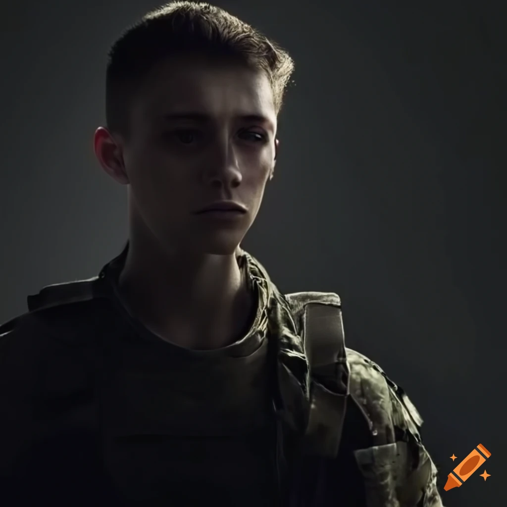 Close-up portrait of young male soldier in a surreal digital world on ...