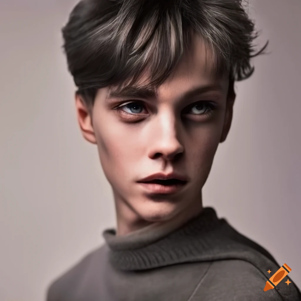 Handsome man with dark hair and pixyish features in a school portrait angle