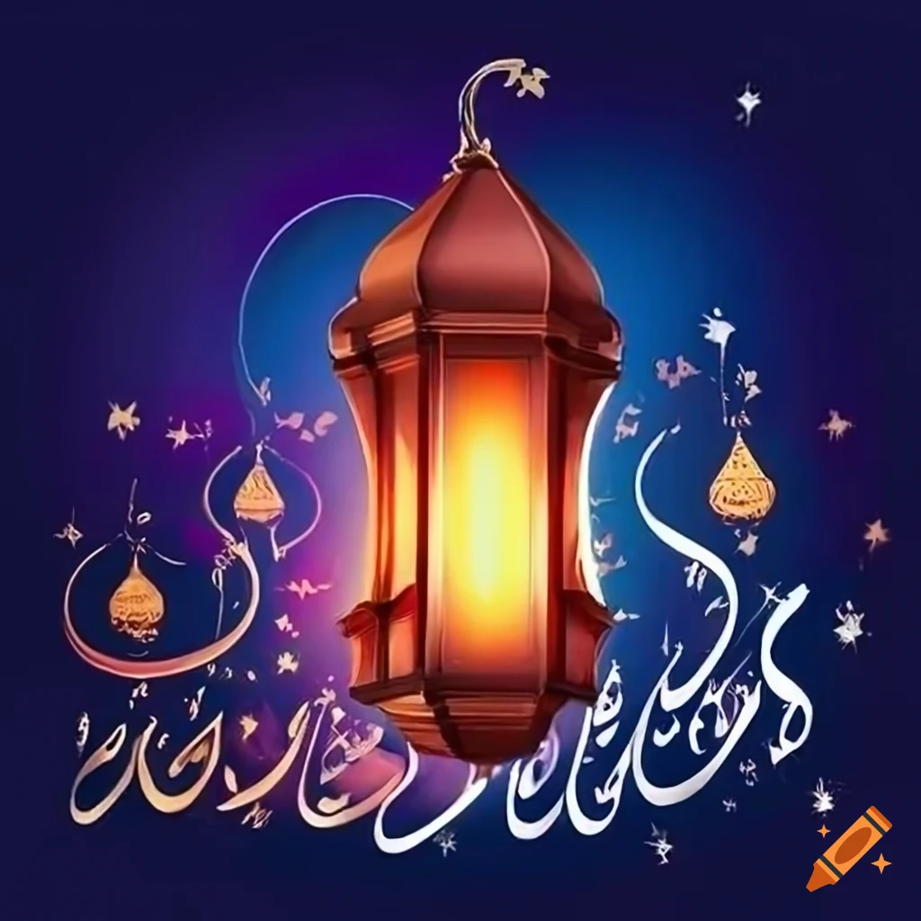 Islamic holiday greeting with lanterns, mosques, and Arabic calligraphy