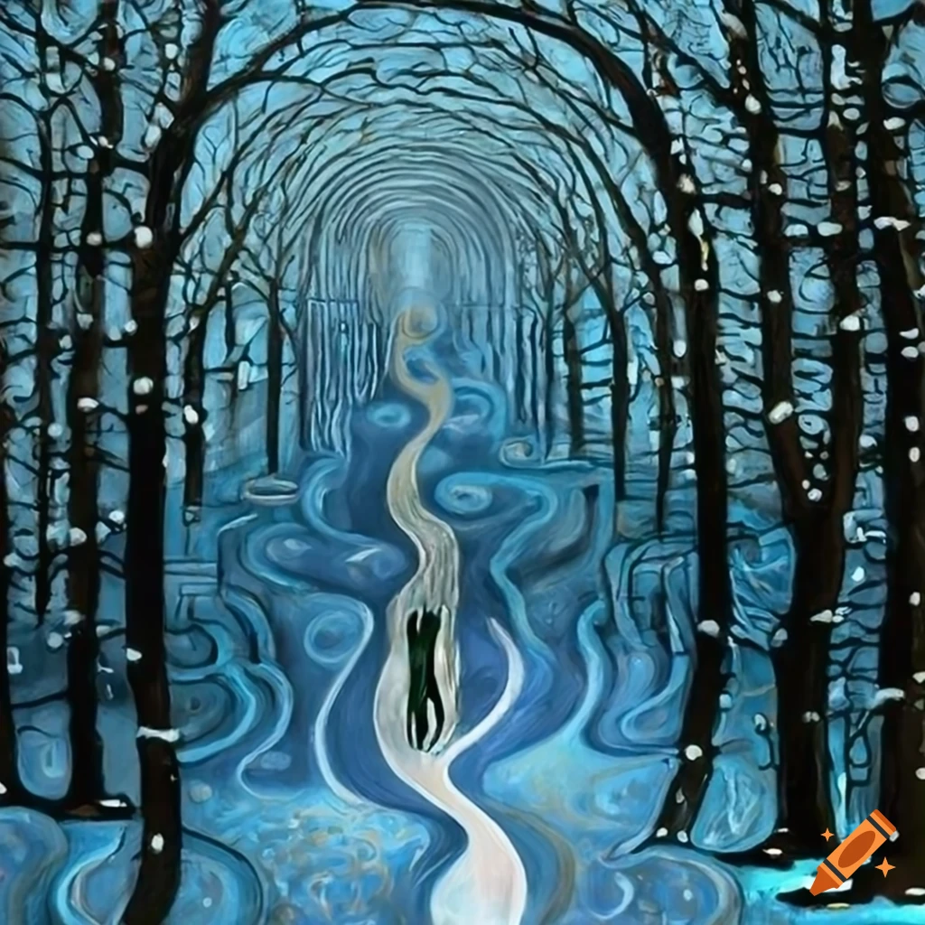 Moody winter forest labyrinth in Klimt-style painting