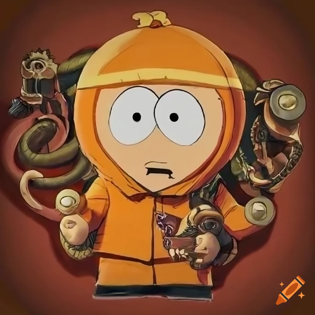 Kenny McCormick from South Park in a steampunk style with snakes and bells