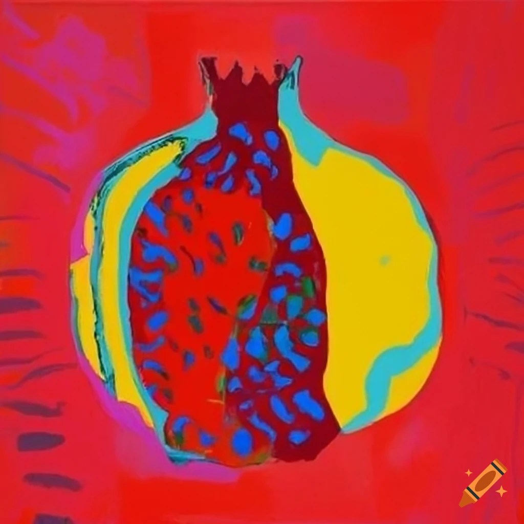 Colorful modern pomegranate art inspired by Matisse, Warhol, and Hockney