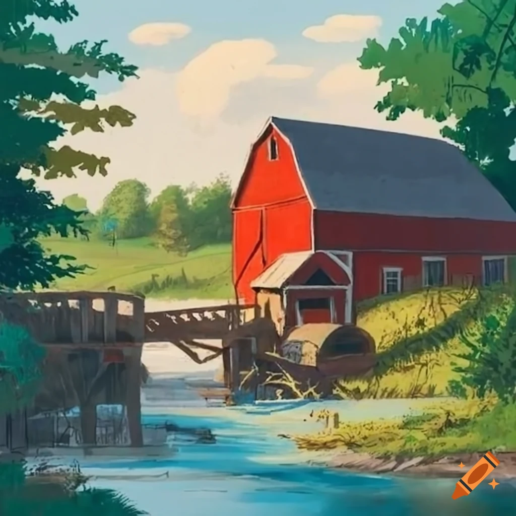 Scenic view of a barn with a river, watermill, and trees around