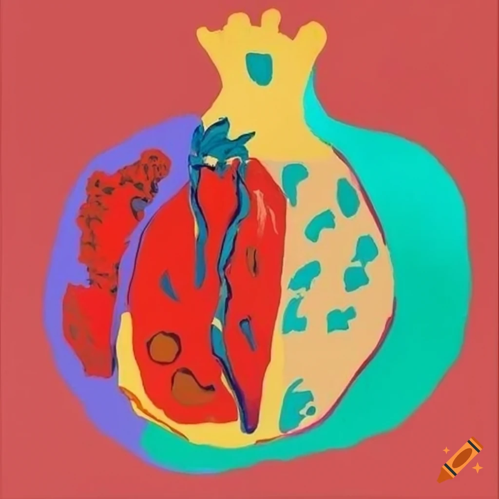 Colorful modern pomegranate art inspired by Matisse, Warhol, and Hockney