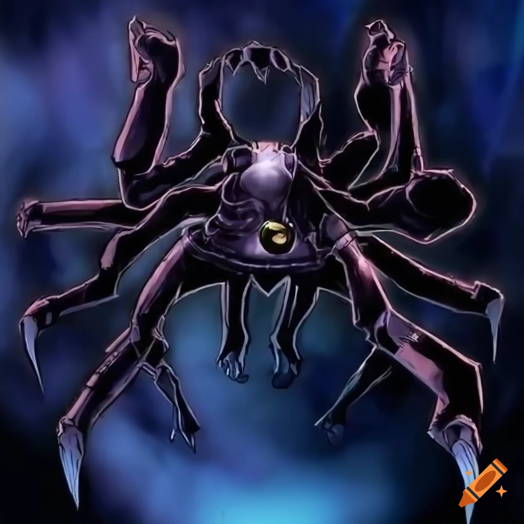 Spider made from mannequin limbs in Yu-Gi-Oh card art style