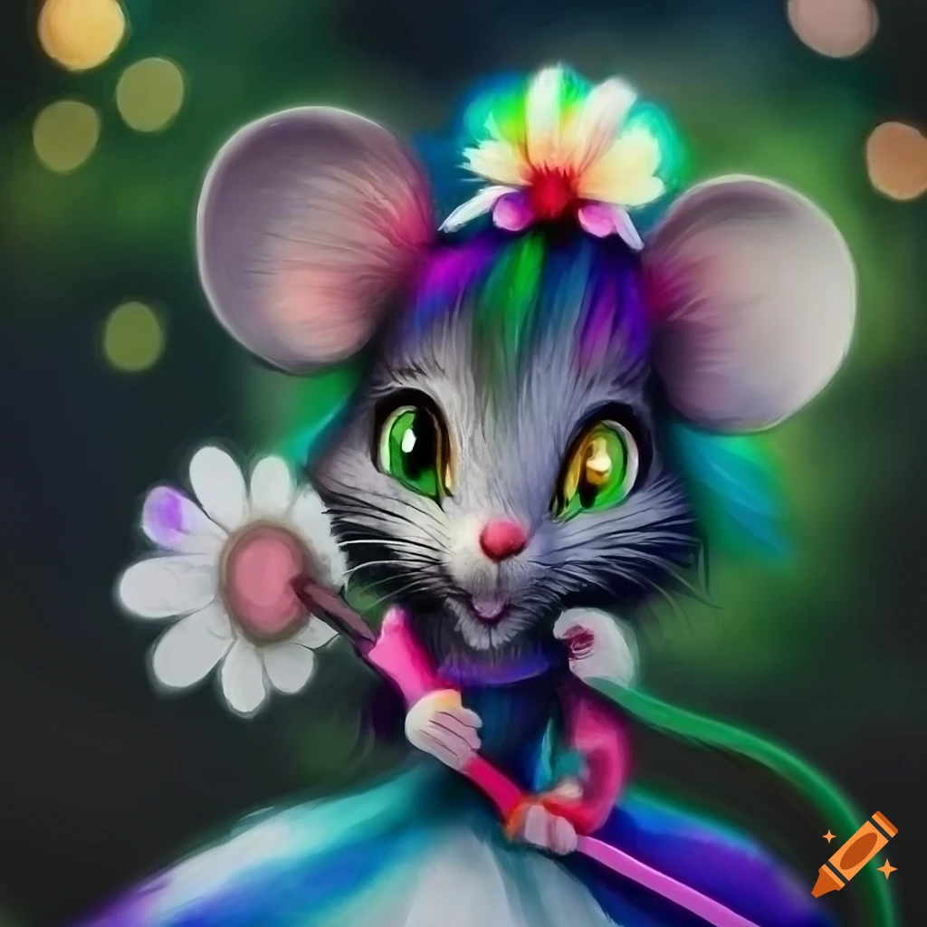 Cute anthro black mouse with rainbow hair in a white flower dress