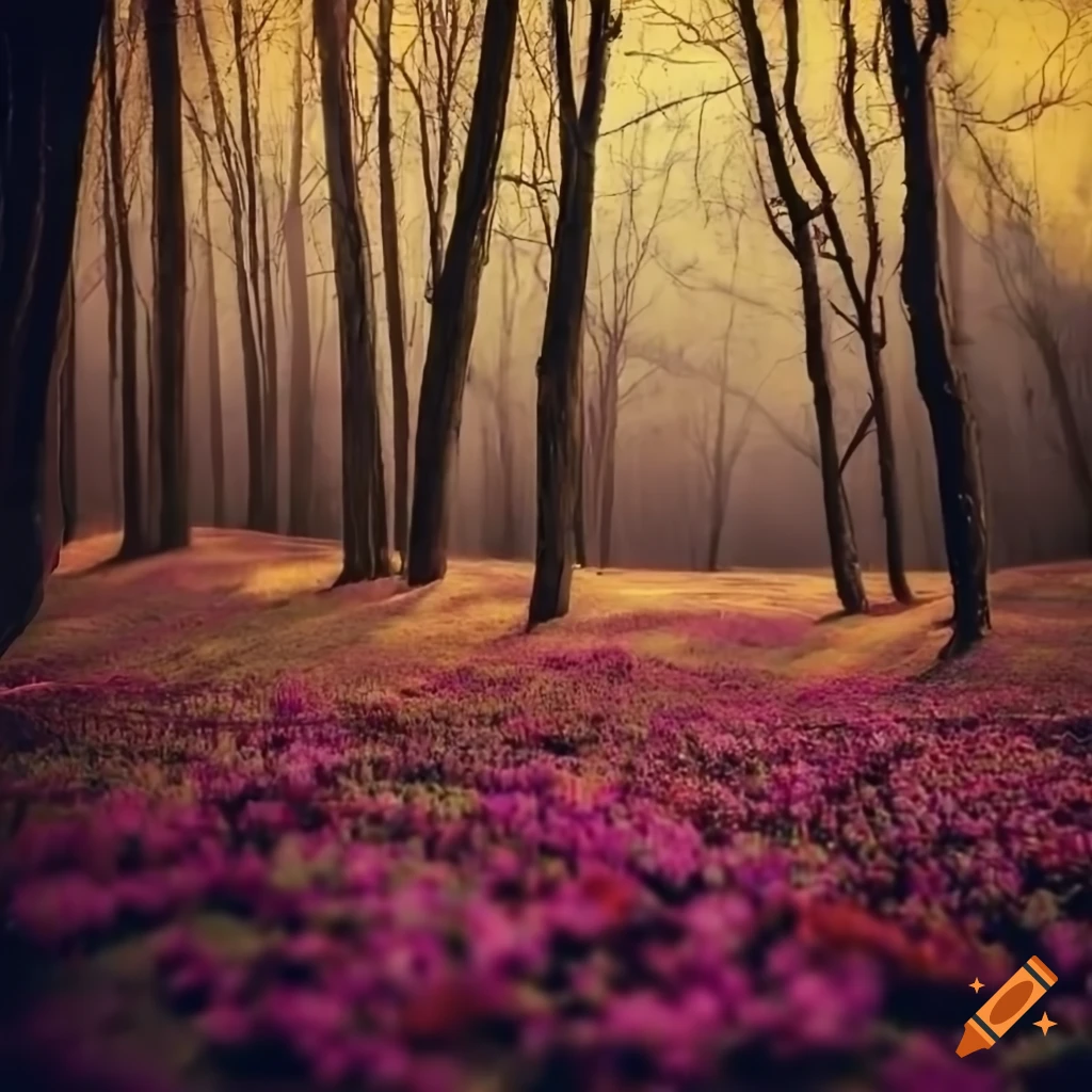 Springtime scenery with mountains, trees, and colorful flowers in a ...