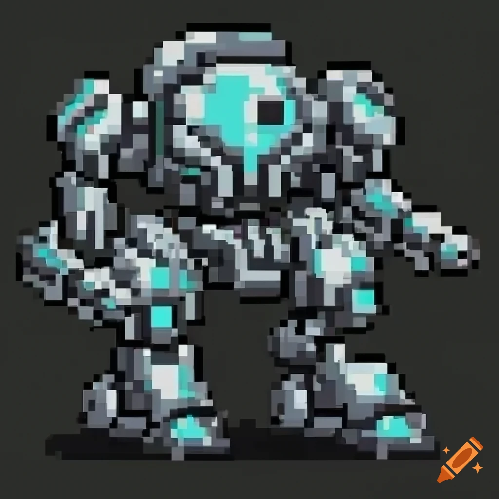 Top-down low resolution pixel art of a mech