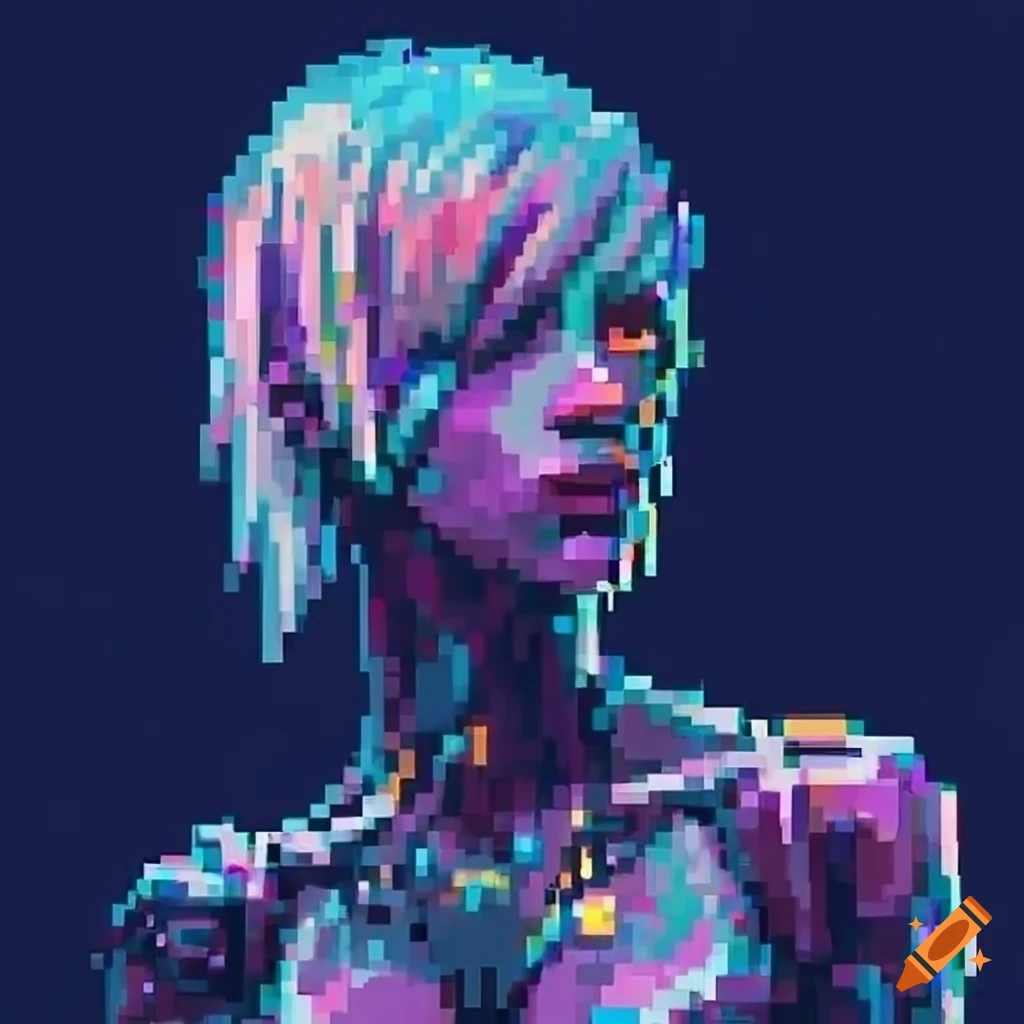 Pixel art portrait of cyborg idol with bob hairstyle in a cyberpunk cityscape