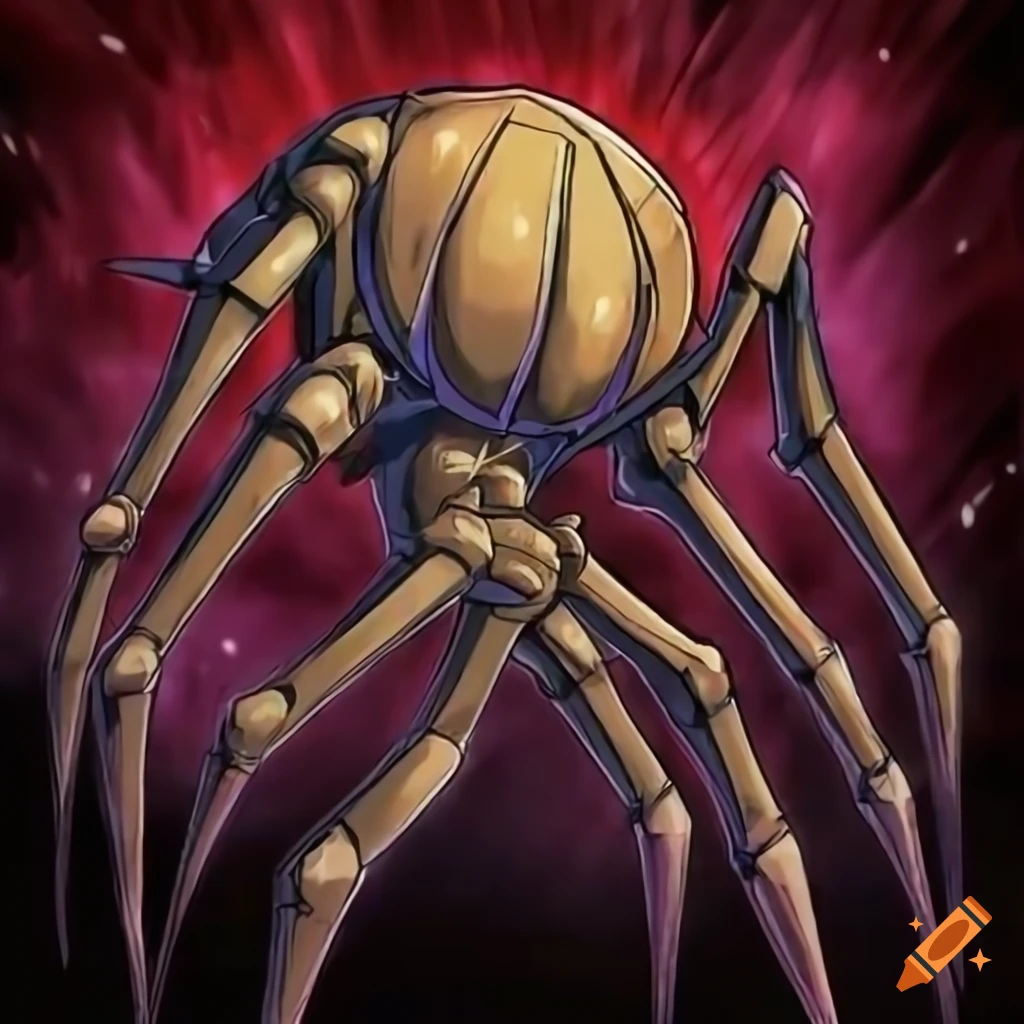 Spider crafted from mannequin limbs in Yu-Gi-Oh card art style