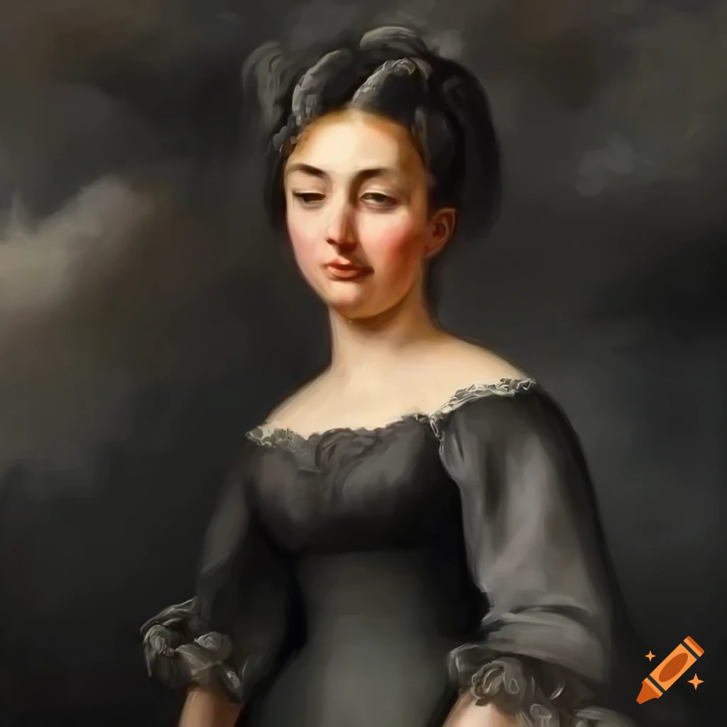 Woman in black clothing near a baroque villa under stormy skies on Craiyon