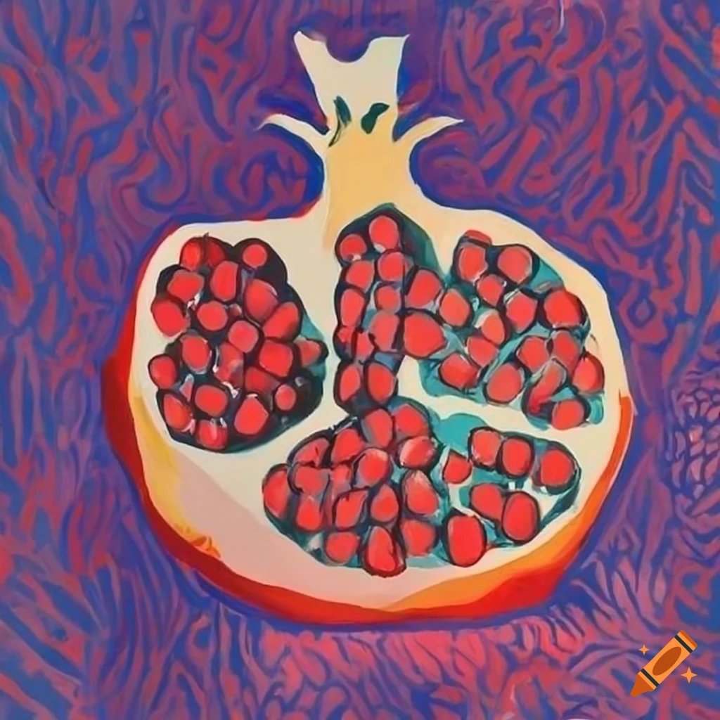 Colorful modern pomegranate art inspired by Matisse, Warhol, and Hockney