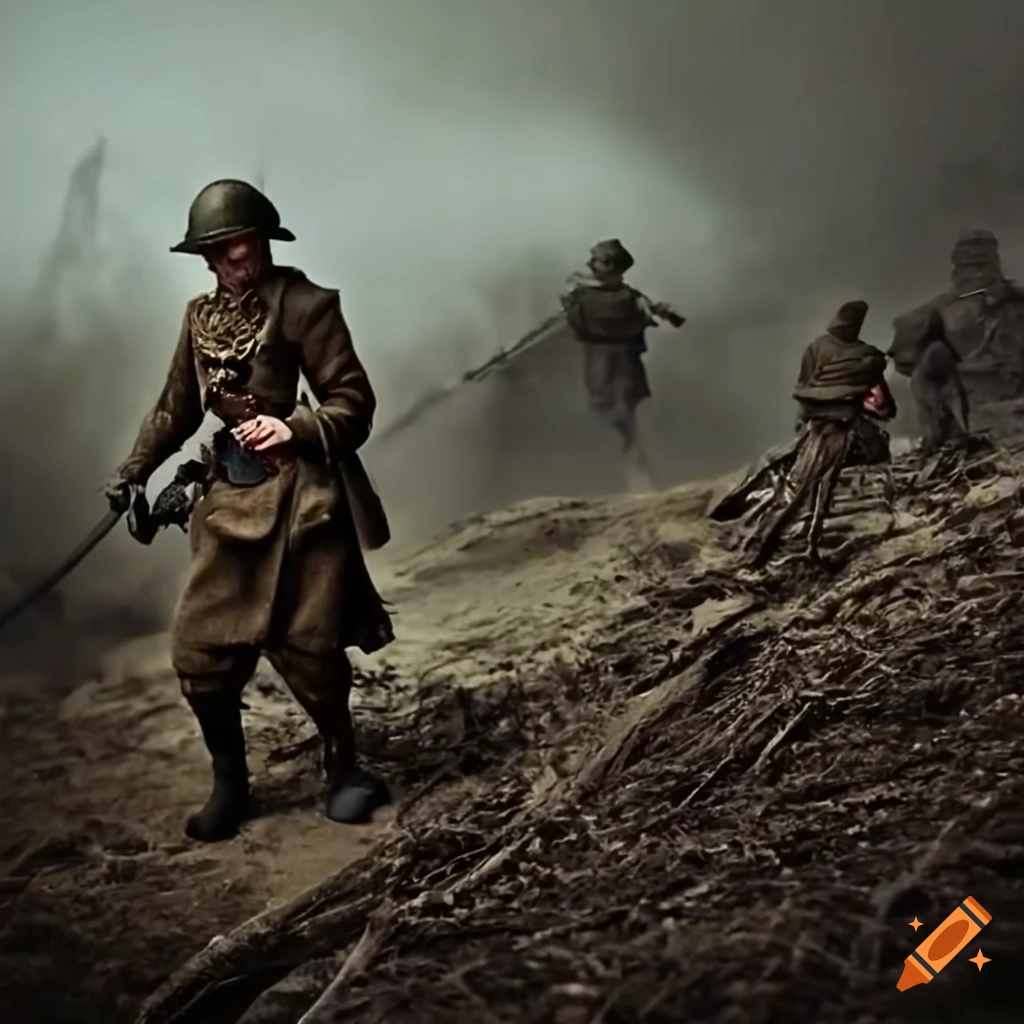 Historic scene of the Battle of the Somme with cavalry charges and explosions