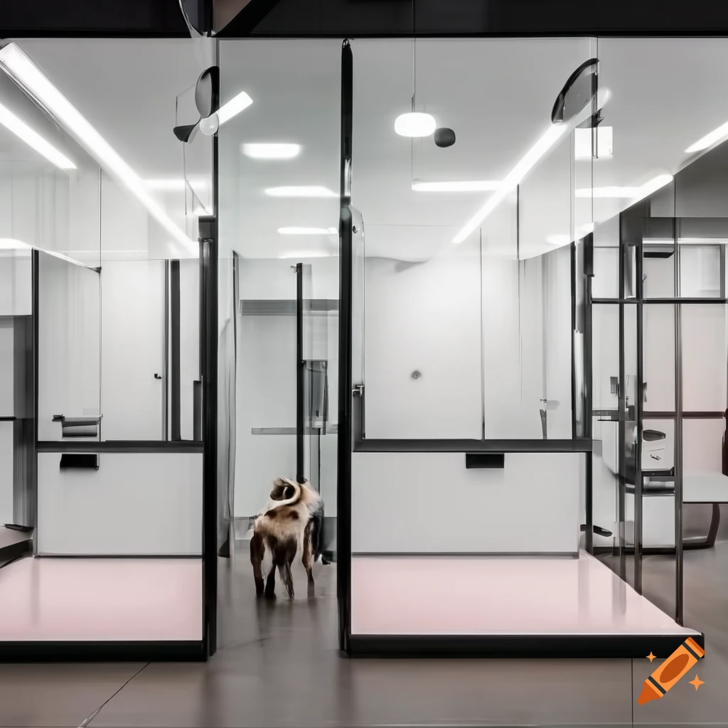 Modern interior of a pet grooming store with 3 grooming booths