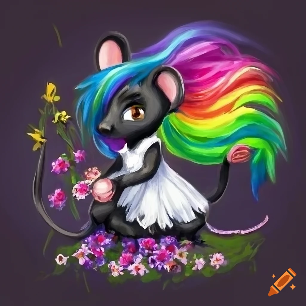 Storybook anthro black mouse with long rainbow hair in a white flower dress