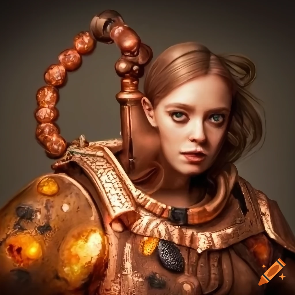 Copper tubes and amber stones in a pixel art style inspired by Warhammer