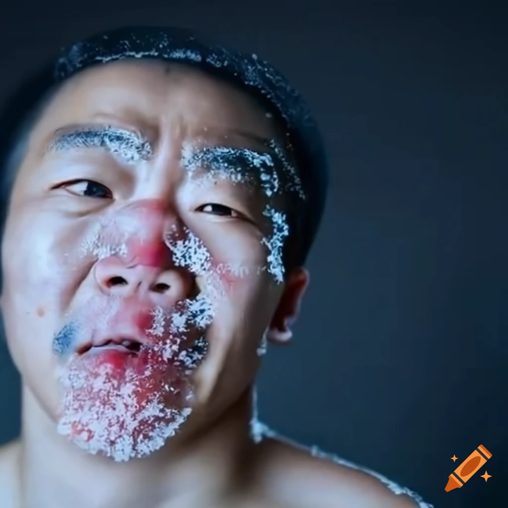 Meme of an asian man running with frostbite on craiyon