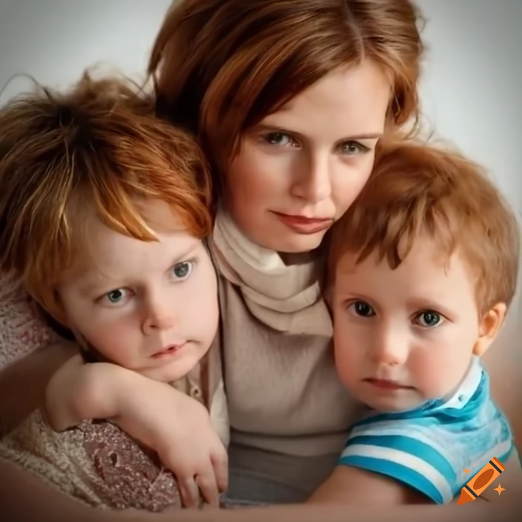 Mother with two young children sitting together