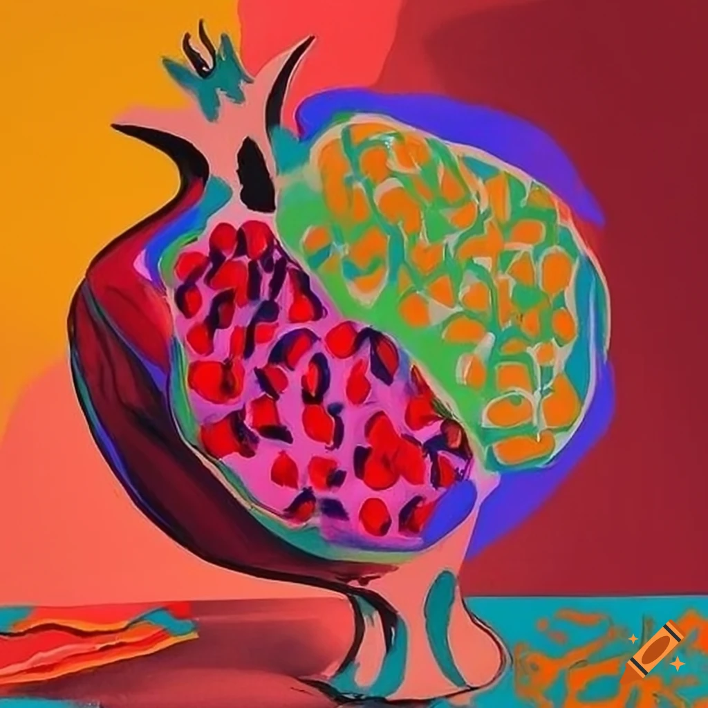 Colorful modern pomegranate art inspired by Matisse, Warhol, and Hockney