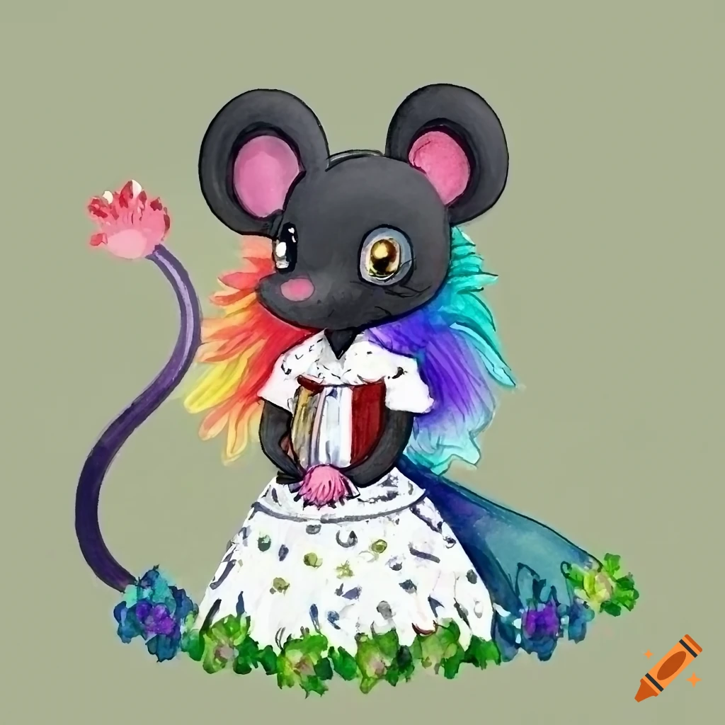 Cute storybook anthro black mouse with rainbow hair in a white flower dress